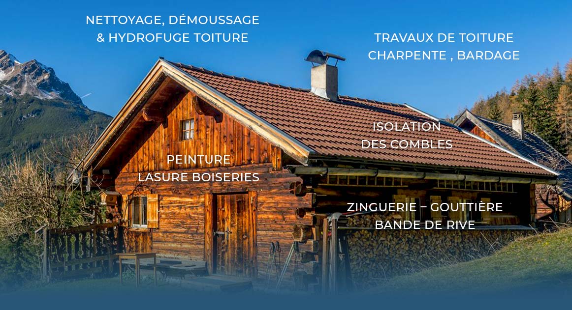 CHAPUÉS CHARPENTE : artisan charpentier, couvreur, zingueur, menuisier, peintre en Savoie, Haute-Savoie et Rhône-Alpes . Rénovation charpente, toiture, bardage, nettoyage et hydrofuge toiture, zinguerie, peinture lasure bois, isolation des combles